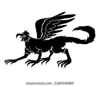 vector design of a black and white symbol or sign or tattoo of an animal shaped like a lion half eagle with wings and with a tail extending backwards with sharp claws all over its legs and arms