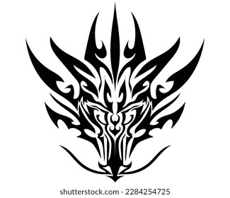 vector design of a black and white tattoo or symbol shaped like a dragon's head from the front view with many sharp horns around the dragon's head