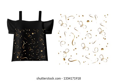 Vector design of black women's t-shirt. Print with a gold ornament on a T-shirt. Fashionable women's blouse.