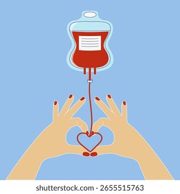 diseño de Vector Guardar, bolso de sangre, manos, forma de corazón, vida, donación, donante, día del donante, sangre, goteo, medicina, caridad.