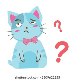 Vector design of blue cat making a curious face Isolated illustration with question mark on white background.