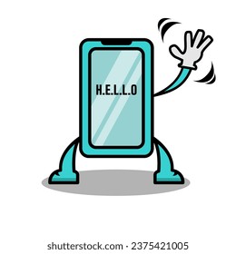 vector design of a blue cellphone character with a greeting pose on a white background