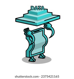 diseño vectorial de un personaje de teléfono celular azul en una pose que levanta una carga de datos sobre un fondo blanco
