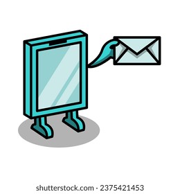 diseño vectorial de un personaje de teléfono móvil azul que sostiene una carta sobre fondo blanco