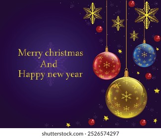 vector design for a blue Christmas theme background decorated with three colorful balls and star knick-knacks