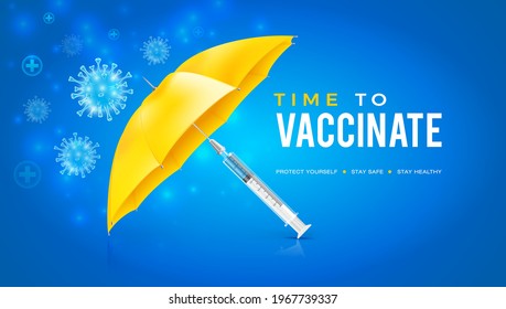 Vector design with blue coronavirus vaccine background. Safety umbrella created by vaccination. Time to get vaccinated against the Covid-19 coronavirus.