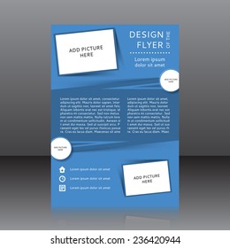 Vector design of the blue flyer whit place for pictures. Poster template for your business.