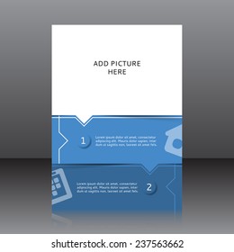 Vector design of the blue flyer whit place for pictures. Poster template for your business.