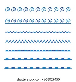 Vector design of blue line sea, marine wave set. Triangular, circle and square shapes used.