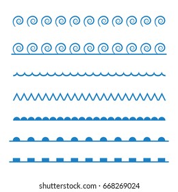 Vector design of blue line sea, marine wave set. Triangular, circle and square shapes used.