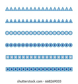 Vector design of blue line sea, marine wave set. Triangular, circle and square shapes used.