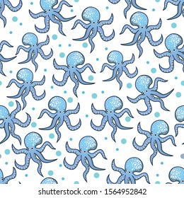 Vector design of blue octopus pattern with a white background, can be used for fabrics, textiles, wrapping paper, tablecloths, curtains, clothing etc.
