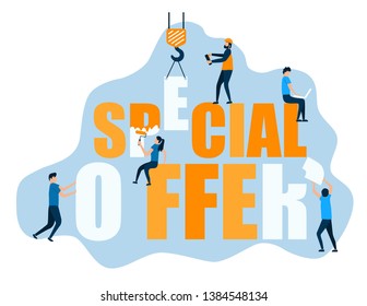 Vector design blue orange color combination. Modern image special offer and teamwork with flat characters. Business illustration concept for website.