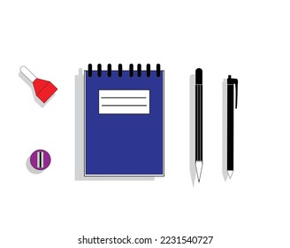 vector design of a blue pocket book or note or binder that is usually used to write something down, there is also a pen and pencil and shavings and typex to erase wrong writing