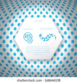 Vector design. Blue spots edition of a minimal scalable abstract geometric hexagon shape textbox with an artistic background. Layout element for web, brochure, presentation or infographics.