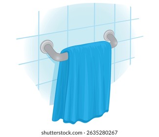 Projeto vetorial de um pano de toalha azul que parece estar pendurado perto de uma parede de banheiro de cerâmica