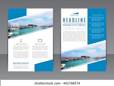 Vector design of the blue and white annual report with beautiful sea landscape. Vector template of flyer for your business in A4 size. Corporate style of presentation.