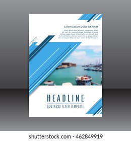 Vector design of the blue and white annual report with beautiful sea landscape. Vector template of flyer for your business in A4 size. Corporate style of presentation.