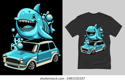 Diseño de Vector de un tiburón azul y blanco montado en un coche clásico, diseño para una camiseta
