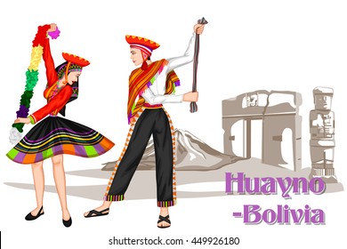 Vector design of Bolivian Couple performing Huayno dance of Bolivia