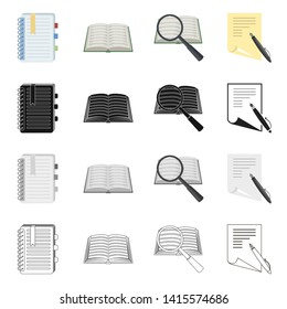 Vector design of book and open symbol. Set of book and pencil stock vector illustration.
