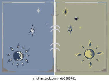 Vector design of the book page. Decorative frame or frame for printing on book covers. Pattern the sun, moon and stars