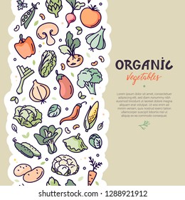 Vector design booklet with the decor of the fruit. The vertical pattern of natural vegetables. Seamless decor vegetarian meal for the poster, banner. Seamless vertical vegan pattern with vegetables.