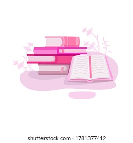 Vector design books. Back to school. Pink color illustration.