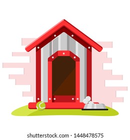 Vector design booth for dog, her toys and bowls. Domestic animal. Homes for pets.