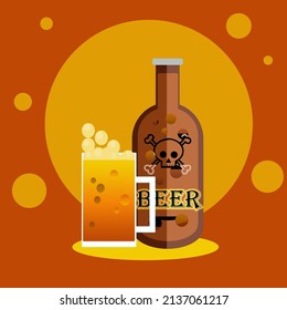 A vector design of a bottle of beer and a glass of beer.