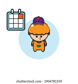 Vector design of a boy with curly orange hair looking at a date
