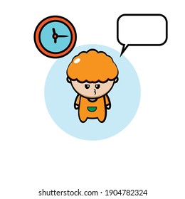 Vector design of a boy with curly orange hair looking at a clock