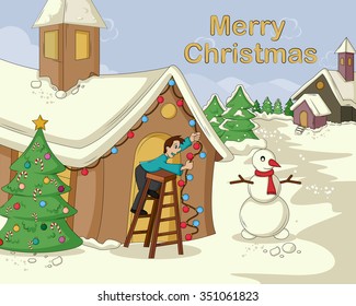 Vector design of Boy decorating house for Merry Christmas