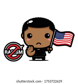Vector design of a boy holding an American flag and a symbol of stop racism