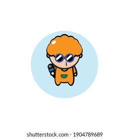 Vector design of a boy with orange curly hair wearing blue glasses singing