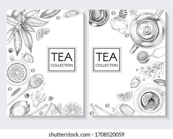 Vector design with a branch of tea, lemon, teapot, cup and spoon