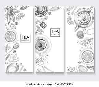 Vector design with a branch of tea, lemon, teapot, cup and spoon