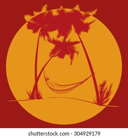 Vector design. Brick-red silhouette of palm trees with a hammock on a background of orange sun.