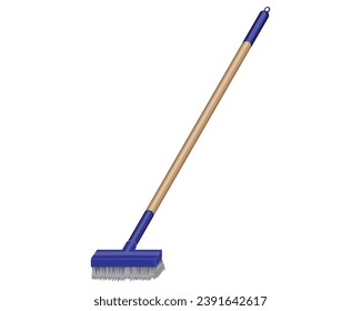 vector design of a bristle brush that has a long brown wooden handle and blue at the end which is usually used as a cleaner indoors and outdoors