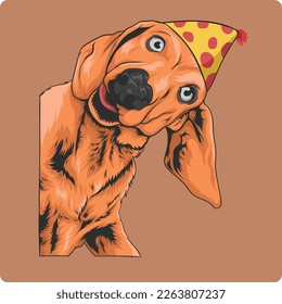 vector design of a brown dog wearing a cute yellow party hat