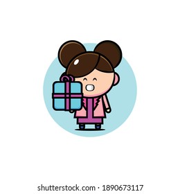 Vector design of brown haired woman carrying a gift