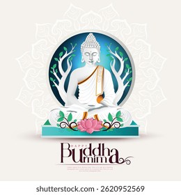 Vector design of Buddha Purnima, Beautiful background of Buddha with flowers and tree.