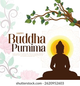 Vector design of Buddha Purnima, Beautiful background of Buddha with flowers and tree.