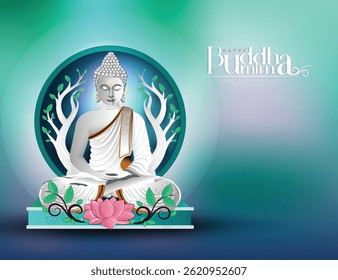 Vector design of Buddha Purnima, Beautiful background of Buddha with flowers and tree.