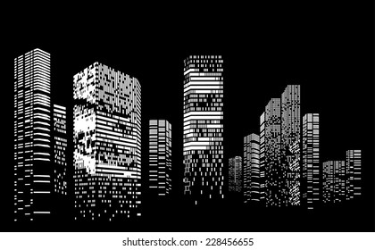 Vector Design Building and City Illustration at night, City scene on night time, Urban cityscape