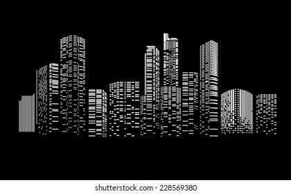 Vector Design Building and City Illustration at night. City scene on night time. Urban cityscape.