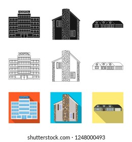 Vector design of building and front sign. Collection of building and roof stock symbol for web.