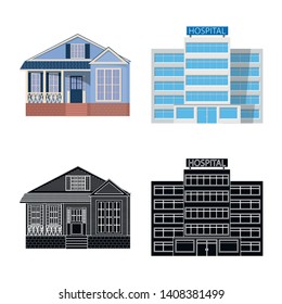 Vector design of building and front sign. Set of building and roof stock symbol for web.