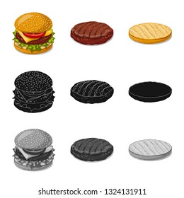 Vector design of burger and sandwich sign. Set of burger and slice stock symbol for web.