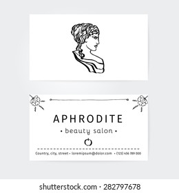 vector design of business cards for beauty salon, hairdressers or plastic surgery with icon Aphrodite, ancient goddess of love